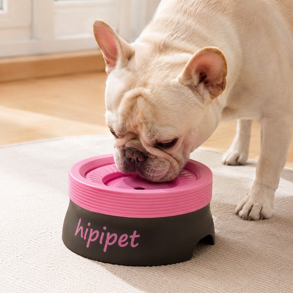 No-Drip Floating Water Bowl for pets, featuring controlled water flow and made from pet-safe plastic, ideal for indoor use with a 600ml 1