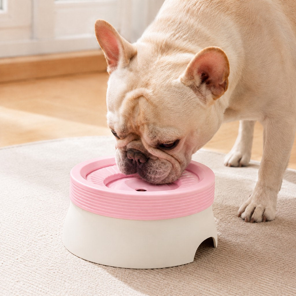 No-Drip Floating Water Bowl for pets, featuring controlled water flow and made from pet-safe plastic, ideal for indoor use with a 600ml 9