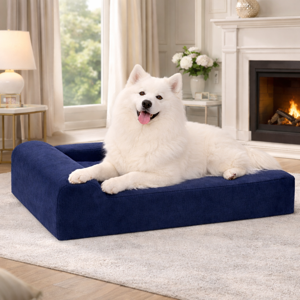 Extra-large orthopedic dog bed featuring cooling fabric, designed for joint support and comfort, with a washable cover for easy maintenance. 6