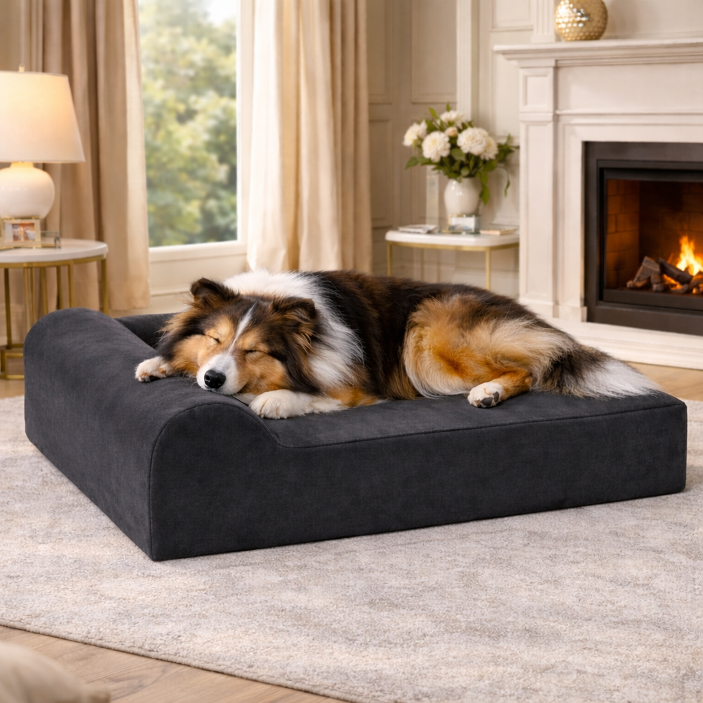 Extra-large orthopedic dog bed featuring cooling fabric, designed for joint support and comfort, with a washable cover for easy maintenance. 7