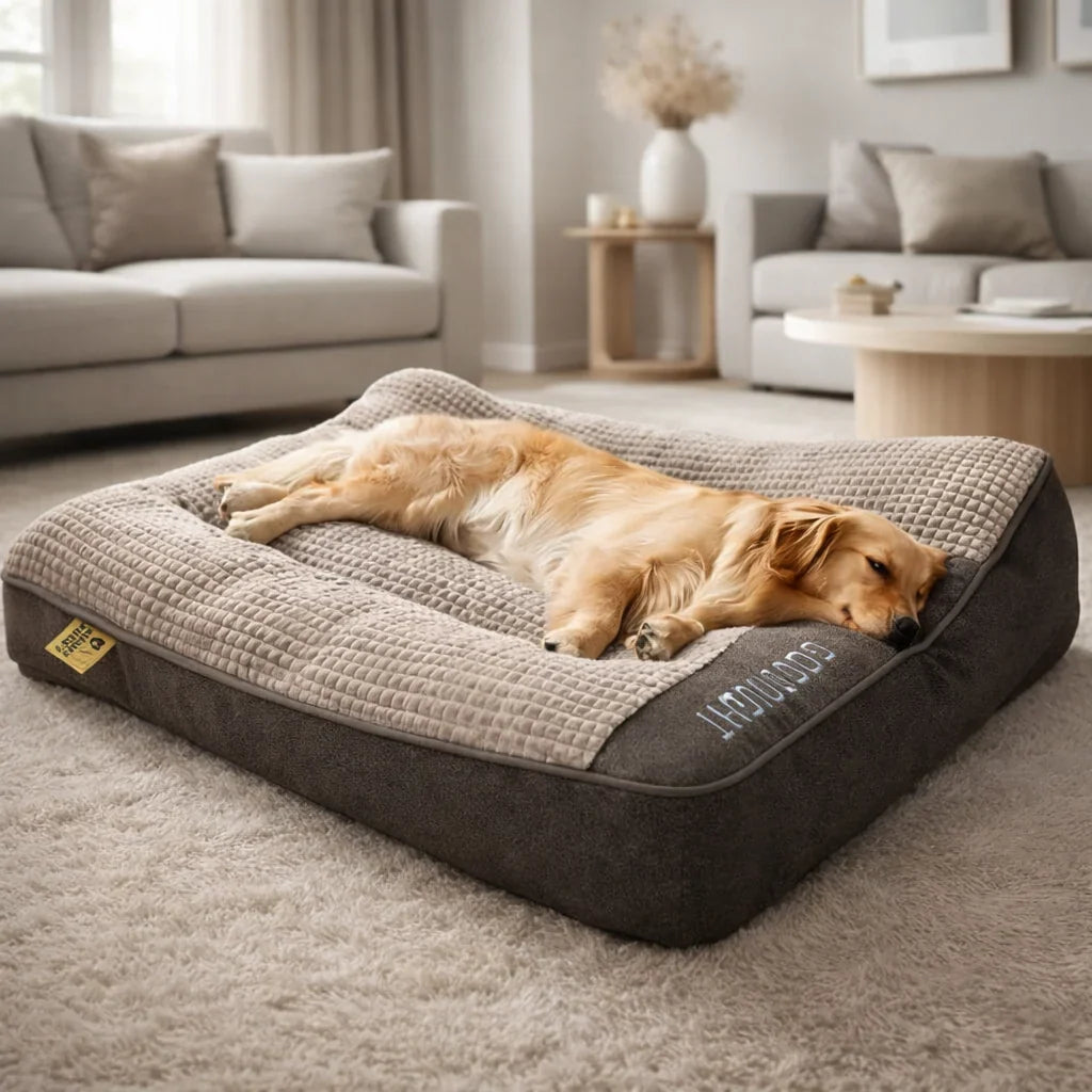 Orthopedic dog bed with elevated bolster edge, featuring a soft velour removable cover, designed for large dogs to provide ultimate comfort and support. 1