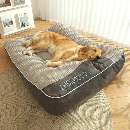 Orthopedic dog bed with elevated bolster edge, featuring a soft velour removable cover, designed for large dogs to provide ultimate comfort and support. 4