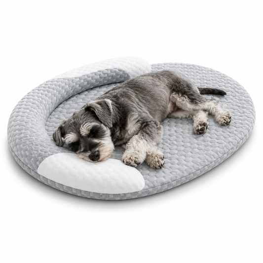 Orthopedic pet bed featuring a cooling surface, raised edges, and a washable non-slip design, ideal for dogs and cats. 0