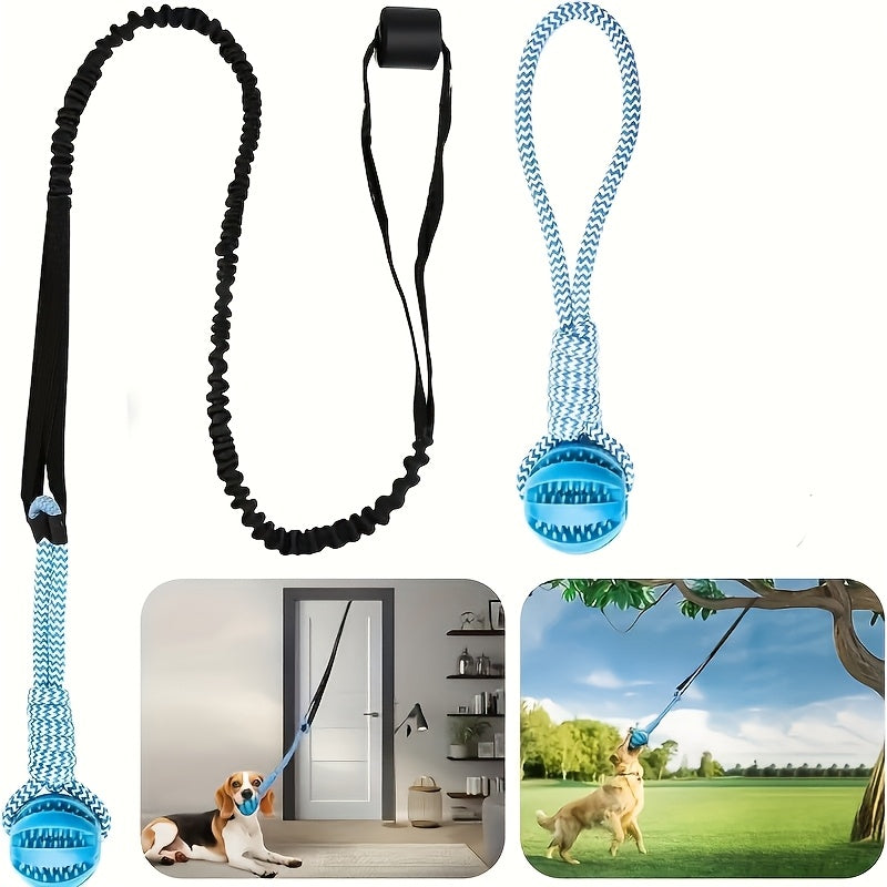 Outdoor dog toy featuring an interactive bungee tug design and a durable chew rope, perfect for active play and engaging your pet. 6