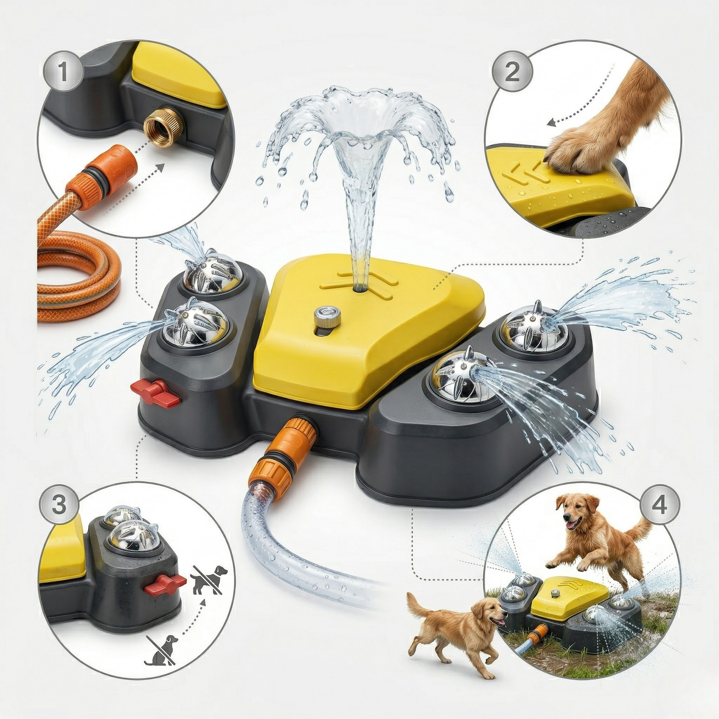 Outdoor dog water play station featuring a pedal-activated flow system and 360° spray, made from durable ABS plastic for endless summer fun. 1