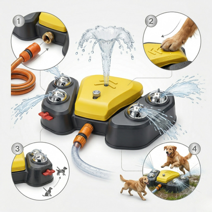 Outdoor dog water play station featuring a pedal-activated flow system and 360° spray, made from durable ABS plastic for endless summer fun. 1