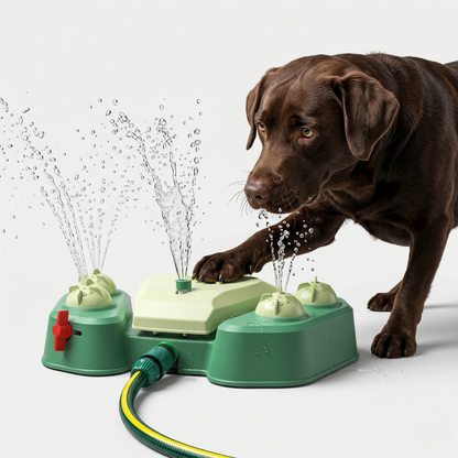 Outdoor dog water play station featuring a pedal-activated flow system and 360° spray, made from durable ABS plastic for endless summer fun. 3