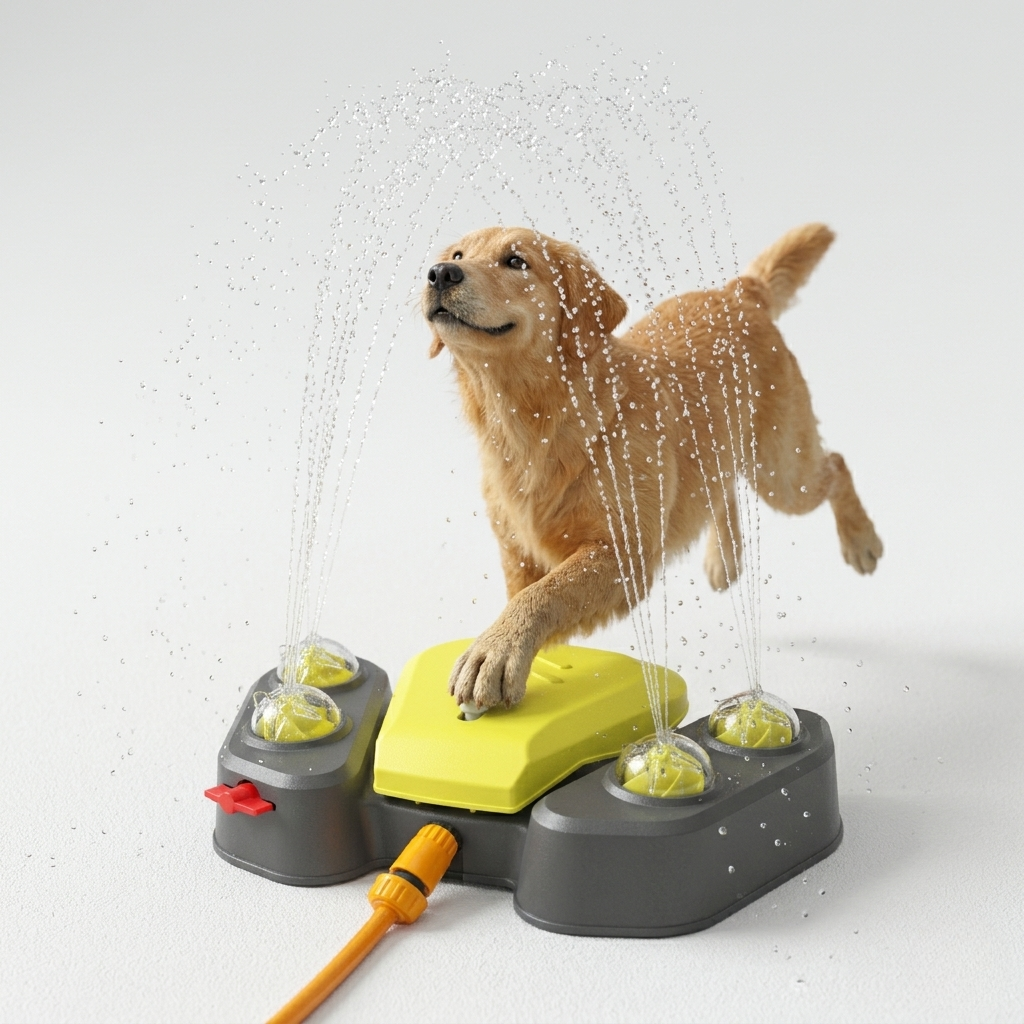 Outdoor dog water play station featuring a pedal-activated flow system and 360° spray, made from durable ABS plastic for endless summer fun. 4