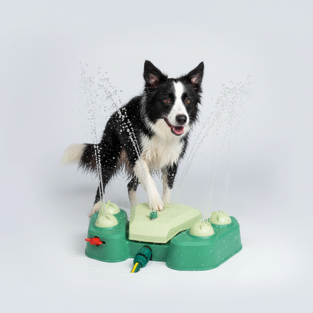 Outdoor dog water play station featuring a pedal-activated flow system and 360° spray, made from durable ABS plastic for endless summer fun. 5
