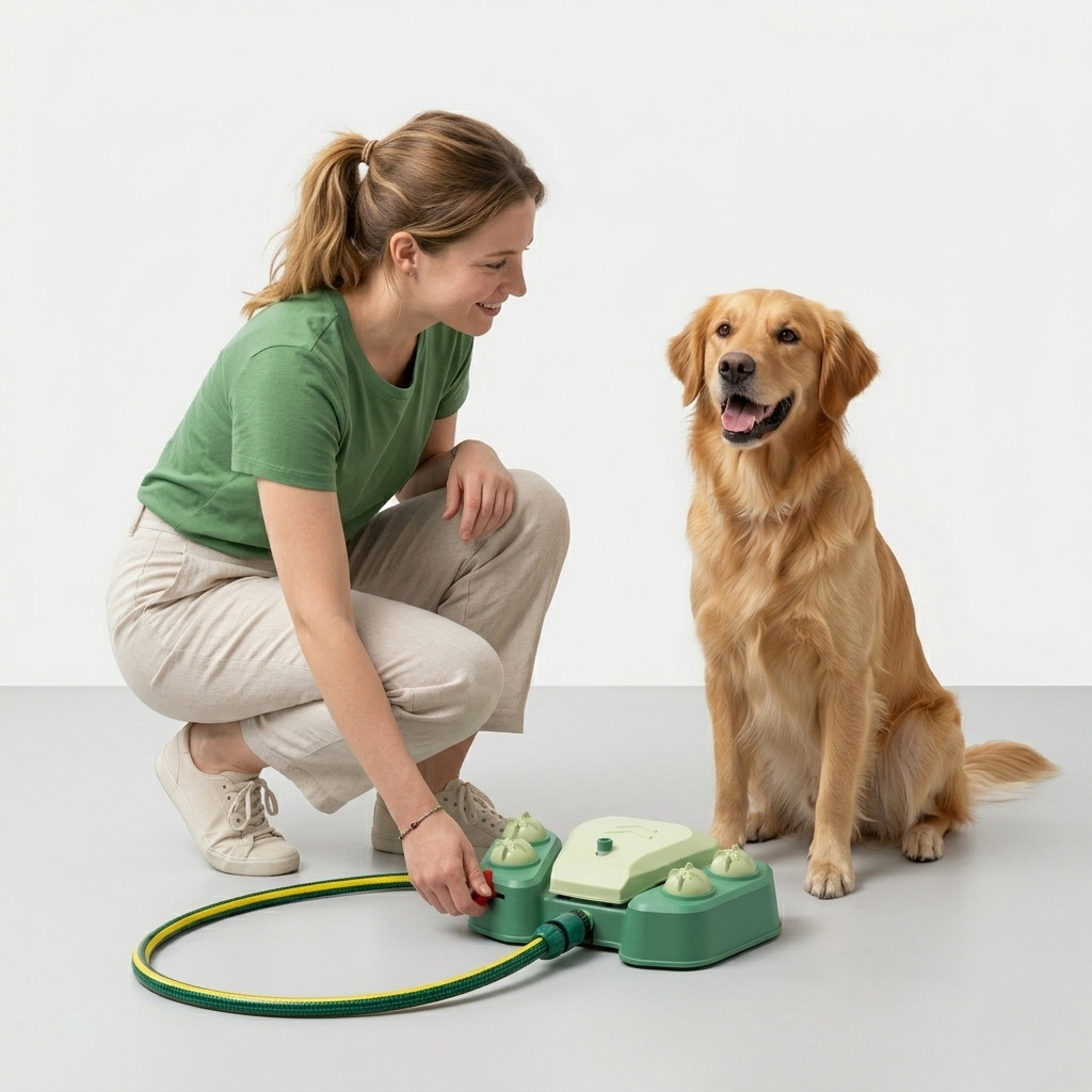 Outdoor dog water play station featuring a pedal-activated flow system and 360° spray, made from durable ABS plastic for endless summer fun. 6