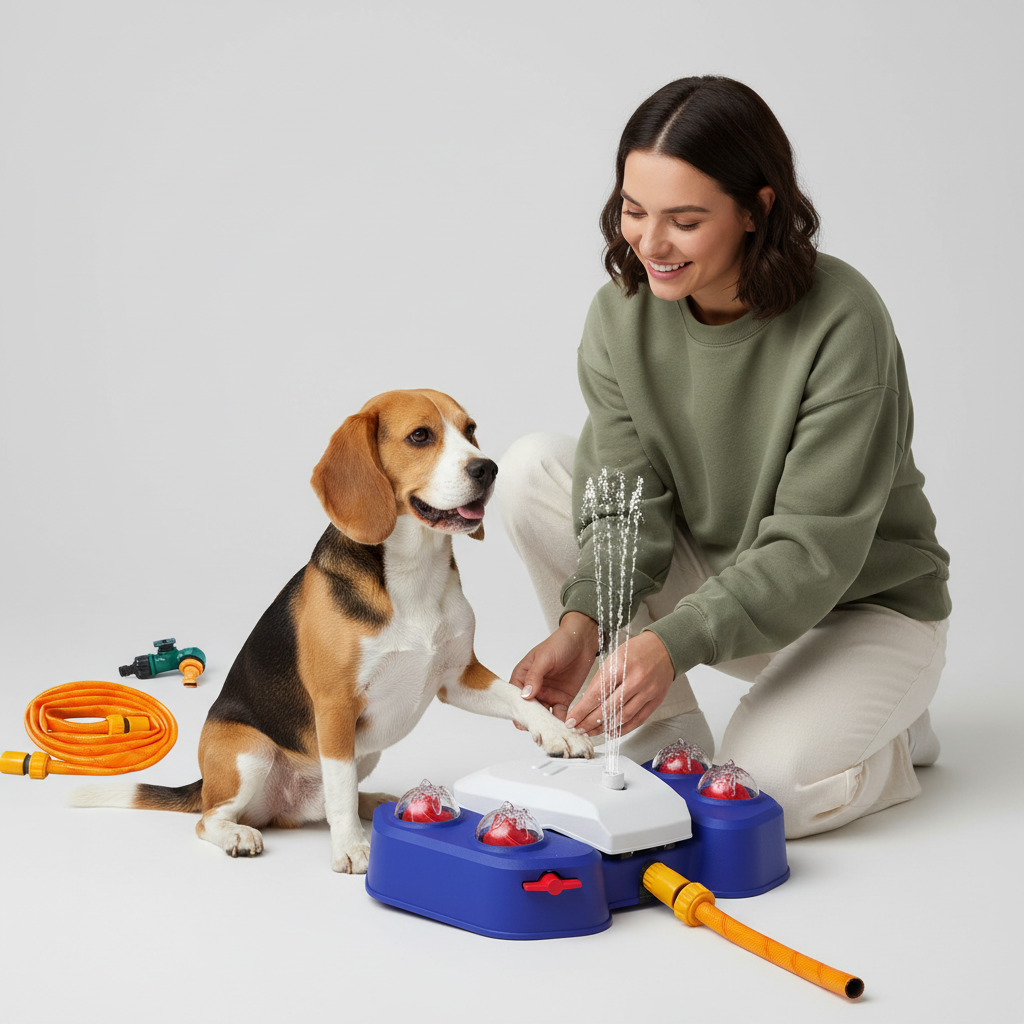 Outdoor dog water play station featuring a pedal-activated flow system and 360° spray, made from durable ABS plastic for endless summer fun. 7