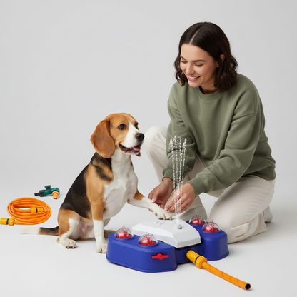 Outdoor dog water play station featuring a pedal-activated flow system and 360° spray, made from durable ABS plastic for endless summer fun. 7