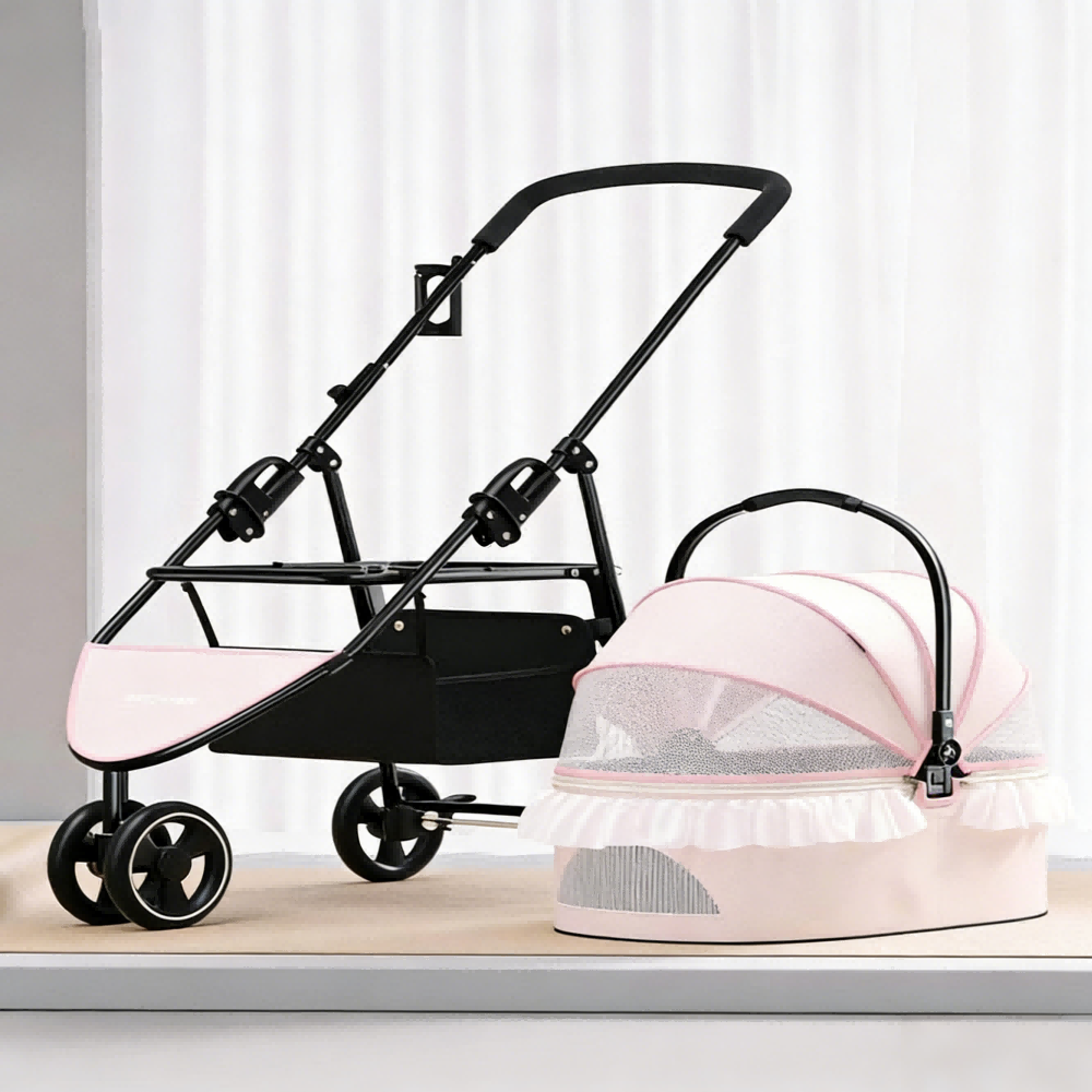 Outdoor pet stroller featuring all-terrain wheels, foldable durable design, and breathable mesh windows, ideal for dogs and cats. 0