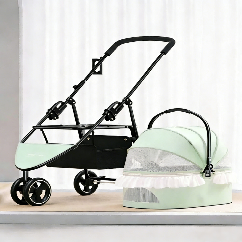 Outdoor pet stroller featuring all-terrain wheels, foldable durable design, and breathable mesh windows, ideal for dogs and cats. 2