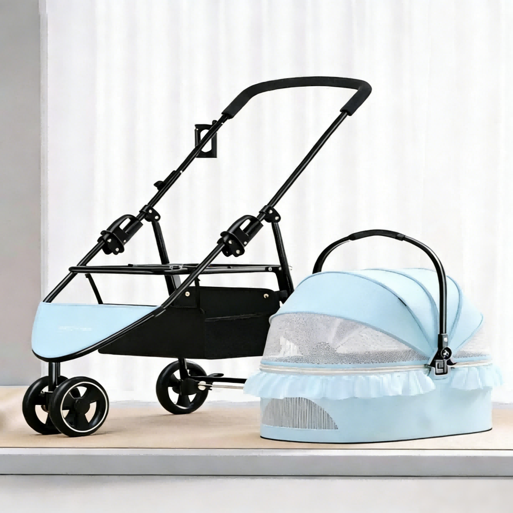 Outdoor pet stroller featuring all-terrain wheels, foldable durable design, and breathable mesh windows, ideal for dogs and cats. 3