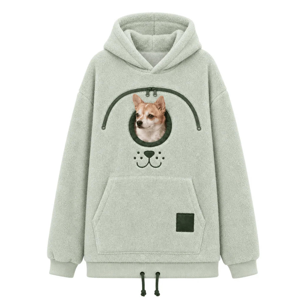 Oversized Sherpa hoodie featuring a convenient pet carrier pocket, perfect for cozy lounging for pet owners, available in various colors and sizes. 0