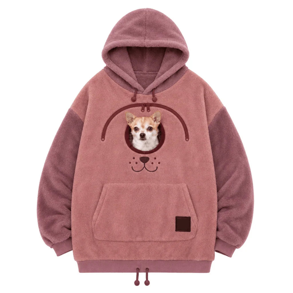 Oversized Sherpa hoodie featuring a convenient pet carrier pocket, perfect for cozy lounging for pet owners, available in various colors and sizes. 5