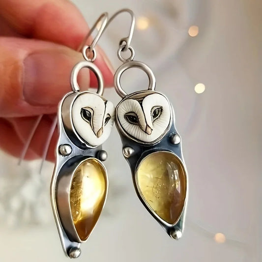 Owl drop earrings featuring synthetic gemstones in a hypoallergenic boho design, crafted from lightweight alloy with a 4.5cm drop length. 0