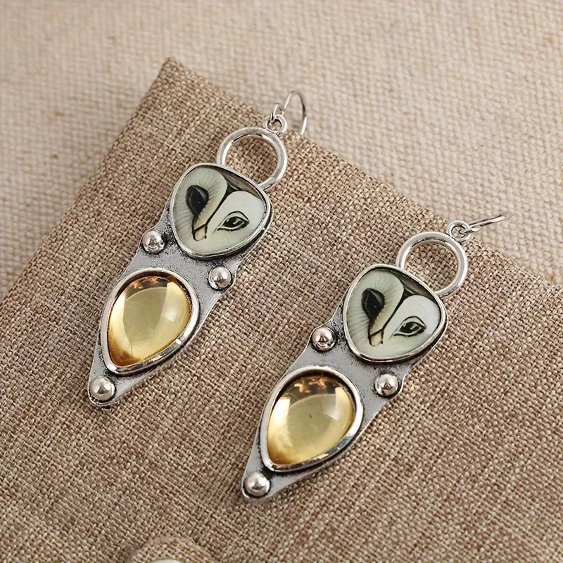 Owl drop earrings featuring synthetic gemstones in a hypoallergenic boho design, crafted from lightweight alloy with a 4.5cm drop length. 1