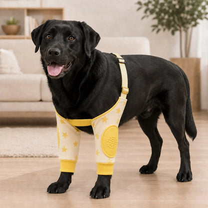 Padded dog elbow protector sleeves with adjustable strap, designed for hard floors, featuring dual coverage and made from soft flexible fabric for comfort and protection. 0