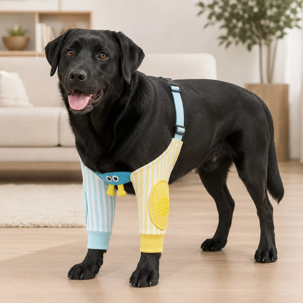 Padded dog elbow protector sleeves with adjustable strap, designed for hard floors, featuring dual coverage and made from soft flexible fabric for comfort and protection. 1