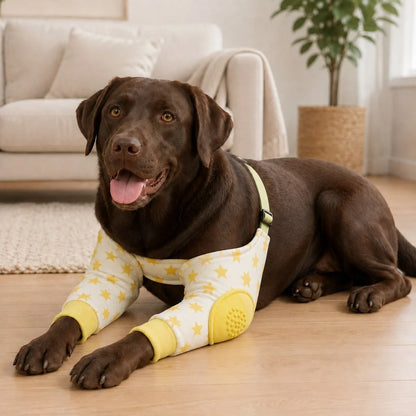 Padded dog elbow protector sleeves with adjustable strap, designed for hard floors, featuring dual coverage and made from soft flexible fabric for comfort and protection. 2