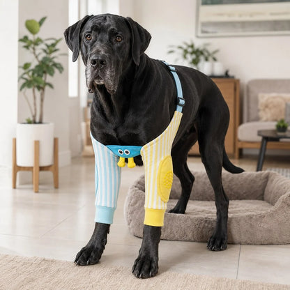 Padded dog elbow protector sleeves with adjustable strap, designed for hard floors, featuring dual coverage and made from soft flexible fabric for comfort and protection. 3
