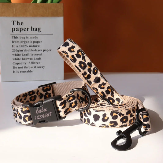 Personalized Leopard Print Dog Collar and Leash Set – Adjustable Nylon for Comfort and Security 0