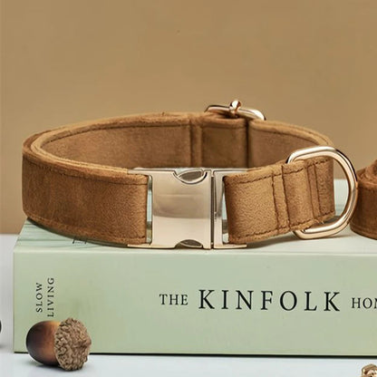 Personalized Velvet Dog Collar and Leash Set – Elegant Design in Brown, Gray, and White 0