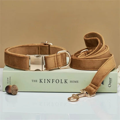 Personalized Velvet Dog Collar and Leash Set – Elegant Design in Brown, Gray, and White 11