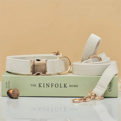 Personalized Velvet Dog Collar and Leash Set – Elegant Design in Brown, Gray, and White 13