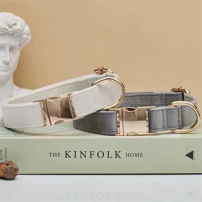 Personalized Velvet Dog Collar and Leash Set – Elegant Design in Brown, Gray, and White 4