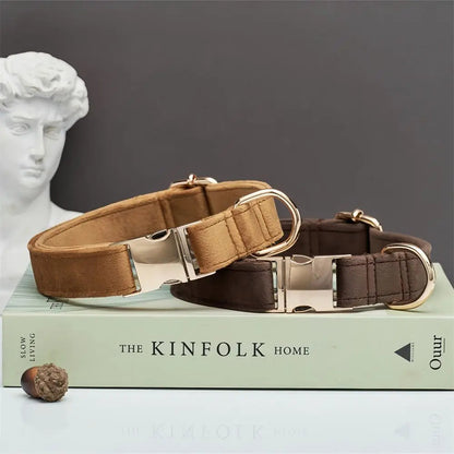 Personalized Velvet Dog Collar and Leash Set – Elegant Design in Brown, Gray, and White 5