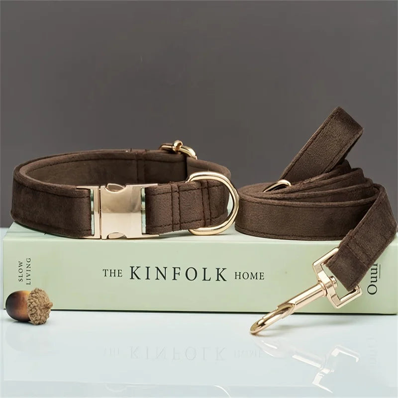 Personalized Velvet Dog Collar and Leash Set – Elegant Design in Brown, Gray, and White 7