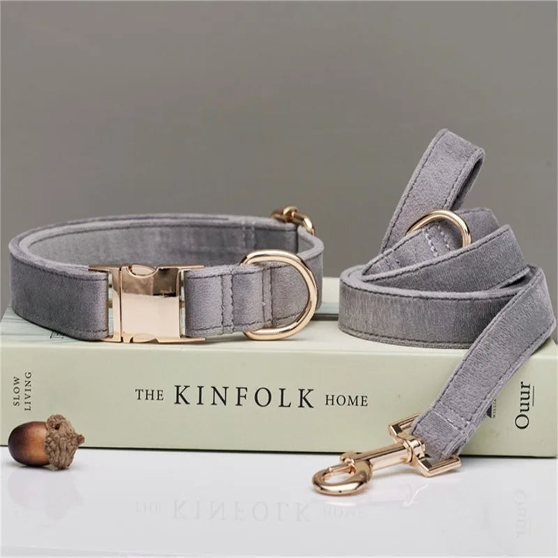 Personalized Velvet Dog Collar and Leash Set – Elegant Design in Brown, Gray, and White 9