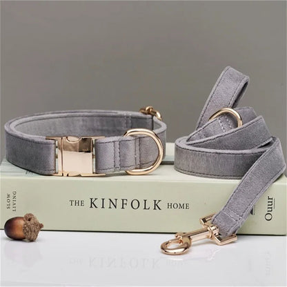 Personalized Velvet Dog Collar and Leash Set – Elegant Design in Brown, Gray, and White 9