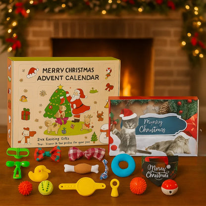 Pet Advent Calendar featuring 24 daily surprises for dogs and cats, made from safe and durable paper, perfect for holiday fun and pet treats. 1