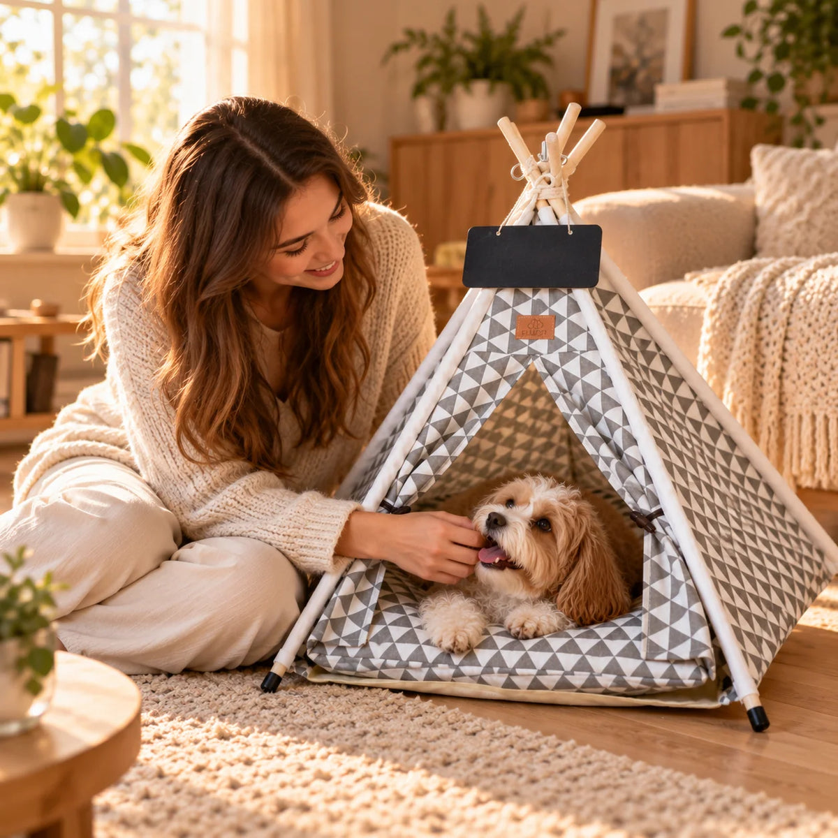 Pet Bed Teepee Tent featuring a soft cushion, designed for cats and small dogs, offering a stylish canvas indoor retreat for cozy relaxation. 0