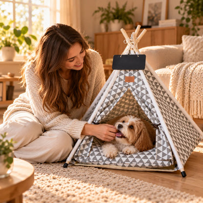 Pet Bed Teepee Tent featuring a soft cushion, designed for cats and small dogs, offering a stylish canvas indoor retreat for cozy relaxation. 0