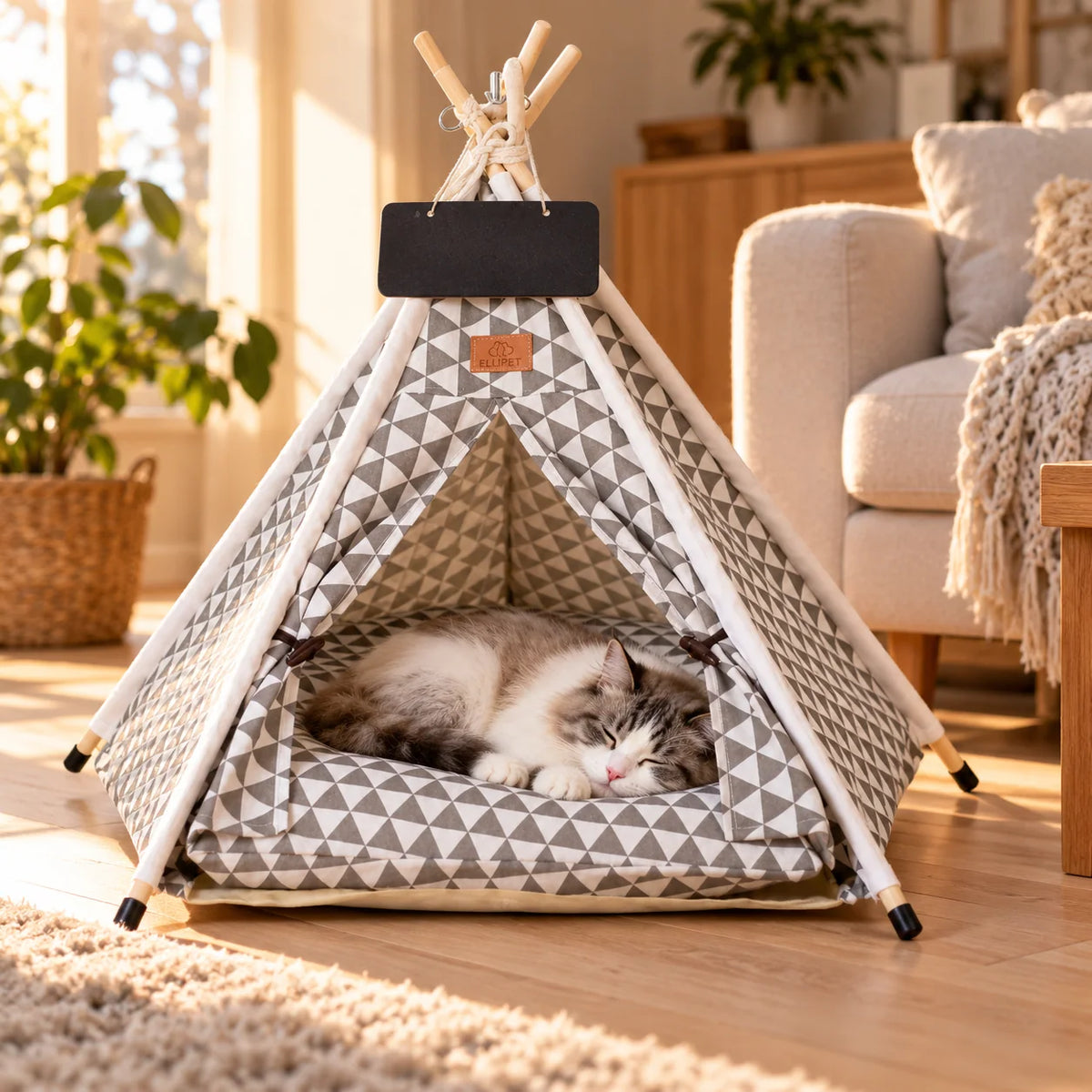 Pet Bed Teepee Tent featuring a soft cushion, designed for cats and small dogs, offering a stylish canvas indoor retreat for cozy relaxation. 1