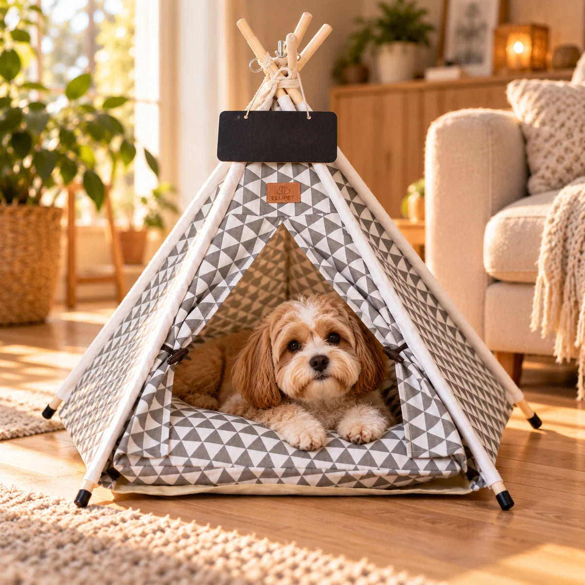 Pet Bed Teepee Tent featuring a soft cushion, designed for cats and small dogs, offering a stylish canvas indoor retreat for cozy relaxation. 2