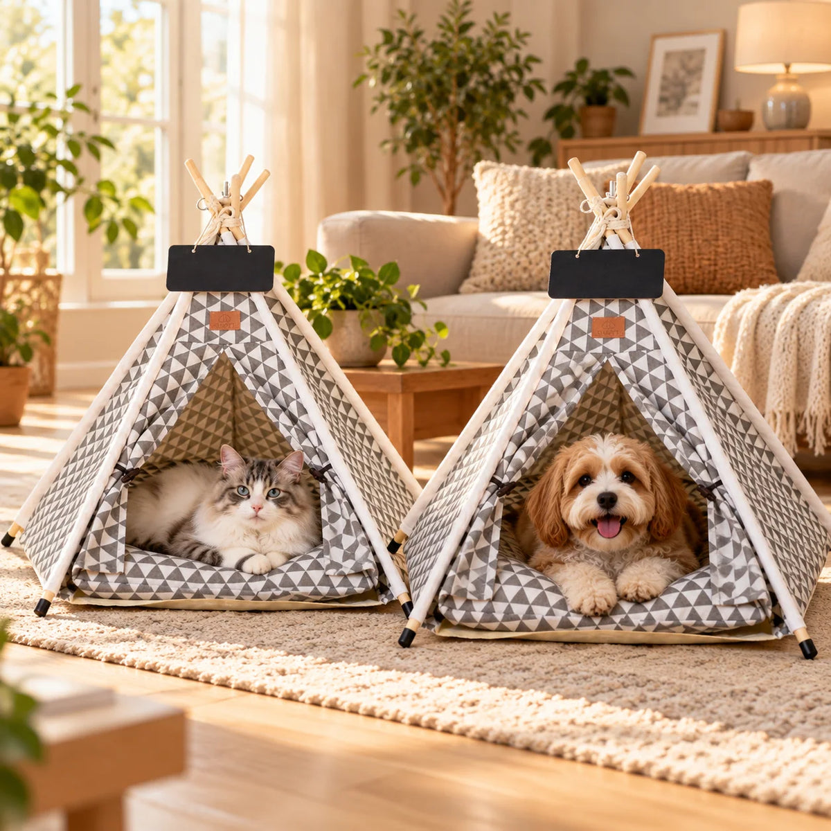 Pet Bed Teepee Tent featuring a soft cushion, designed for cats and small dogs, offering a stylish canvas indoor retreat for cozy relaxation. 5