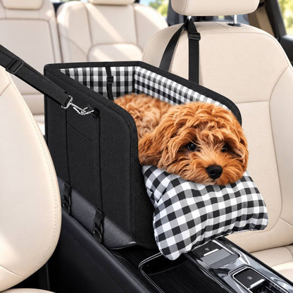 Pet Carrier Console Car Seat for small dogs and cats featuring a cozy cushion and secure straps, made with durable black Oxford fabric, designed for safe and comfortable 0