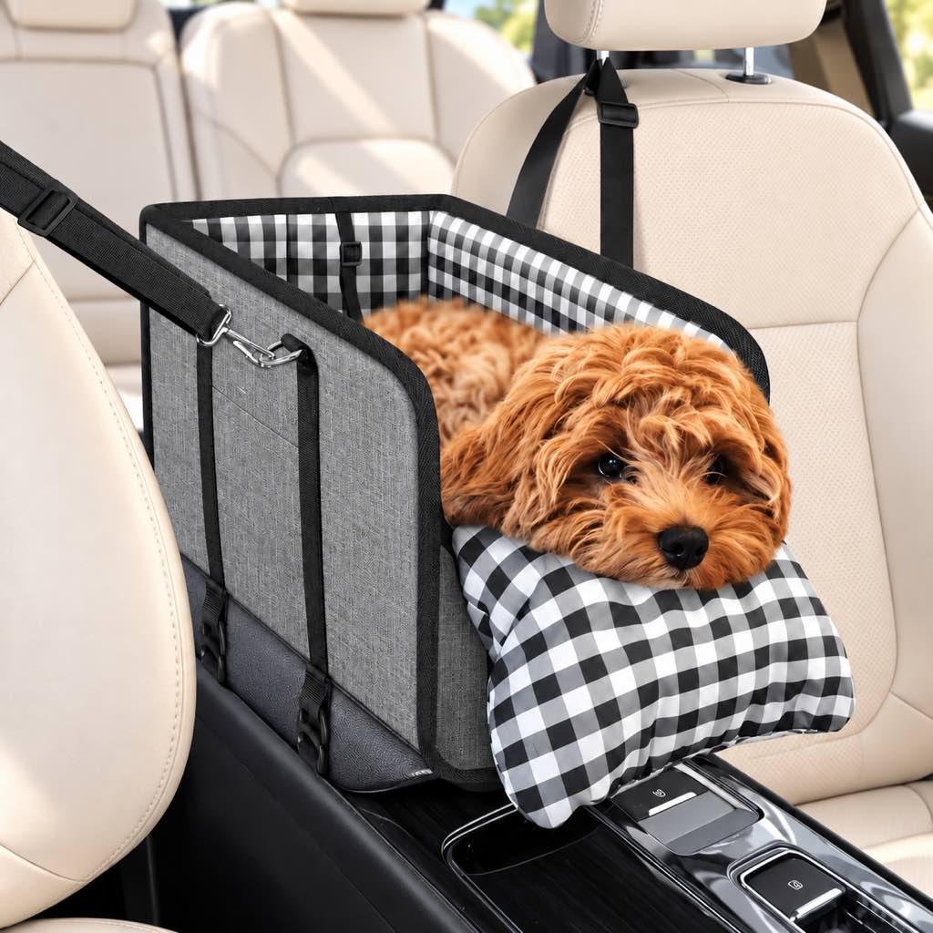 Pet Carrier Console Car Seat for small dogs and cats featuring a cozy cushion and secure straps, made with durable black Oxford fabric, designed for safe and comfortable 10