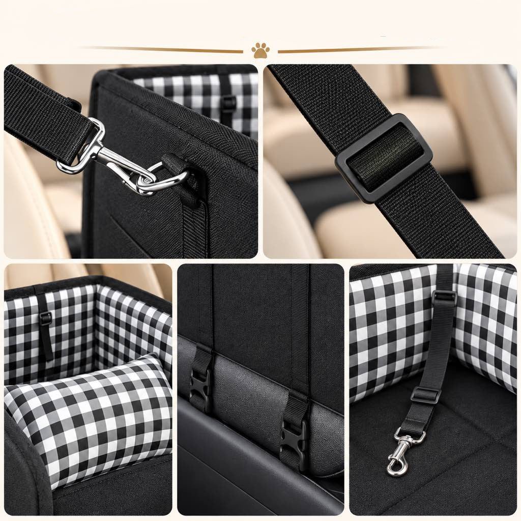 Pet Carrier Console Car Seat for small dogs and cats featuring a cozy cushion and secure straps, made with durable black Oxford fabric, designed for safe and comfortable 8