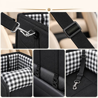 Pet Carrier Console Car Seat for small dogs and cats featuring a cozy cushion and secure straps, made with durable black Oxford fabric, designed for safe and comfortable 8