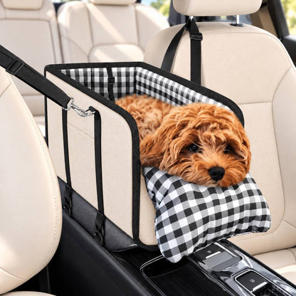 Pet Carrier Console Car Seat for small dogs and cats featuring a cozy cushion and secure straps, made with durable black Oxford fabric, designed for safe and comfortable 9