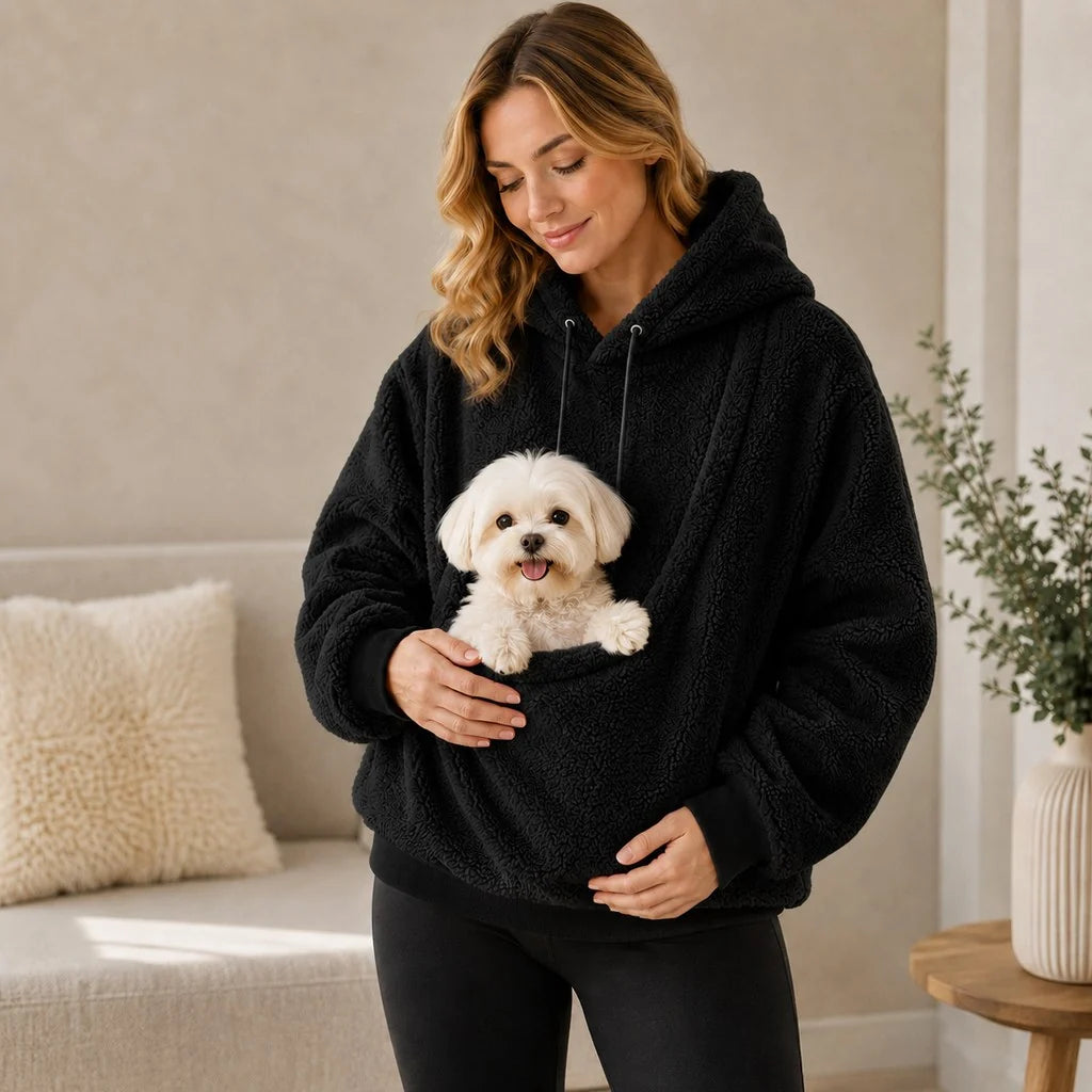 Cozy pet carrier hoodie featuring an integrated pouch and soft Sherpa fleece, perfect for small dogs and cats. 0