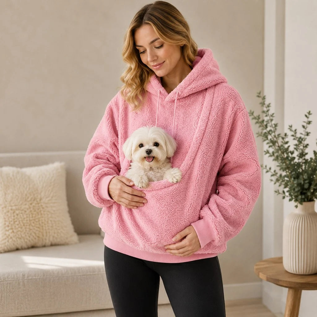 Cozy pet carrier hoodie featuring an integrated pouch and soft Sherpa fleece, perfect for small dogs and cats. 12