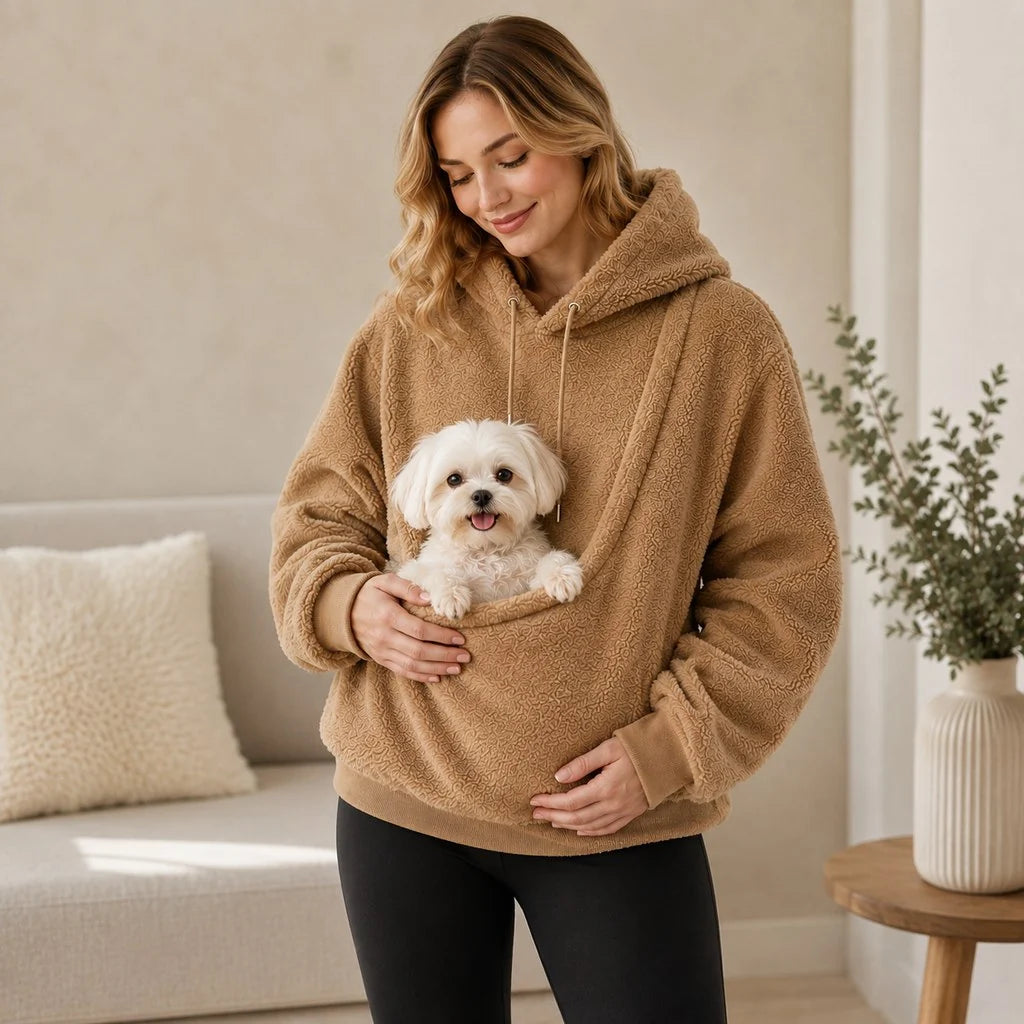 Cozy pet carrier hoodie featuring an integrated pouch and soft Sherpa fleece, perfect for small dogs and cats. 13
